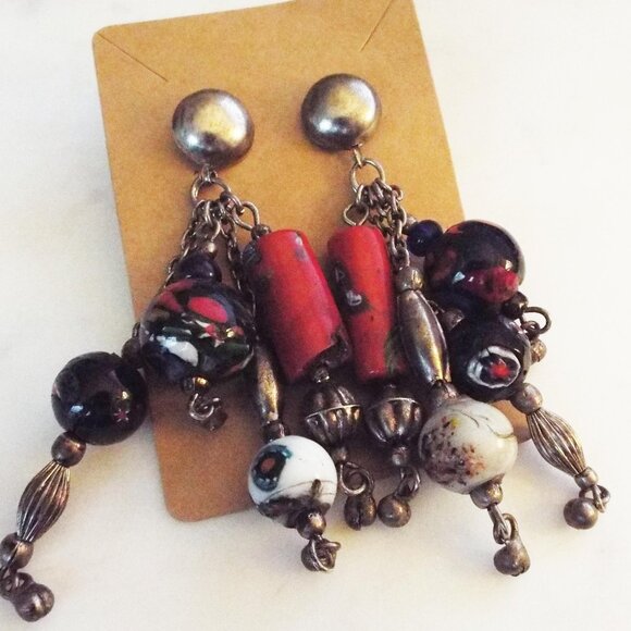 ANTIQUE AFRICAN TRADE BEADS MULTICOLOR ARTGLASS FRINGE PIERCED EARRINGS F